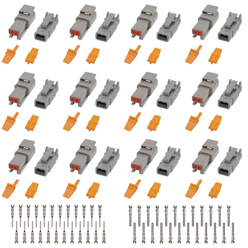 Deutsch DTM Grey 2 Pin Connectors 12 Sets Waterproof Electrical Wire Connector with Stamped Contacts and Seal Plug for Truck OffRoad Vehicles Construction Agriculture Marine Motorcycle Wiring